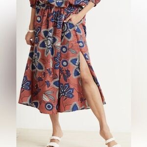 Sundry Rust Floral Midi Skirt with Navy Pattern